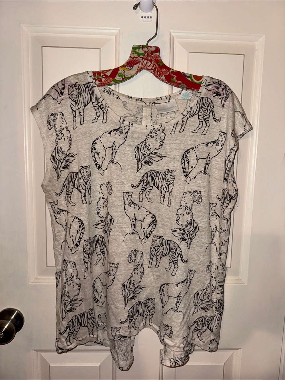 Cynthia Rowley tan and black Animal Sketch-tigers Cap-Sleeve Top large